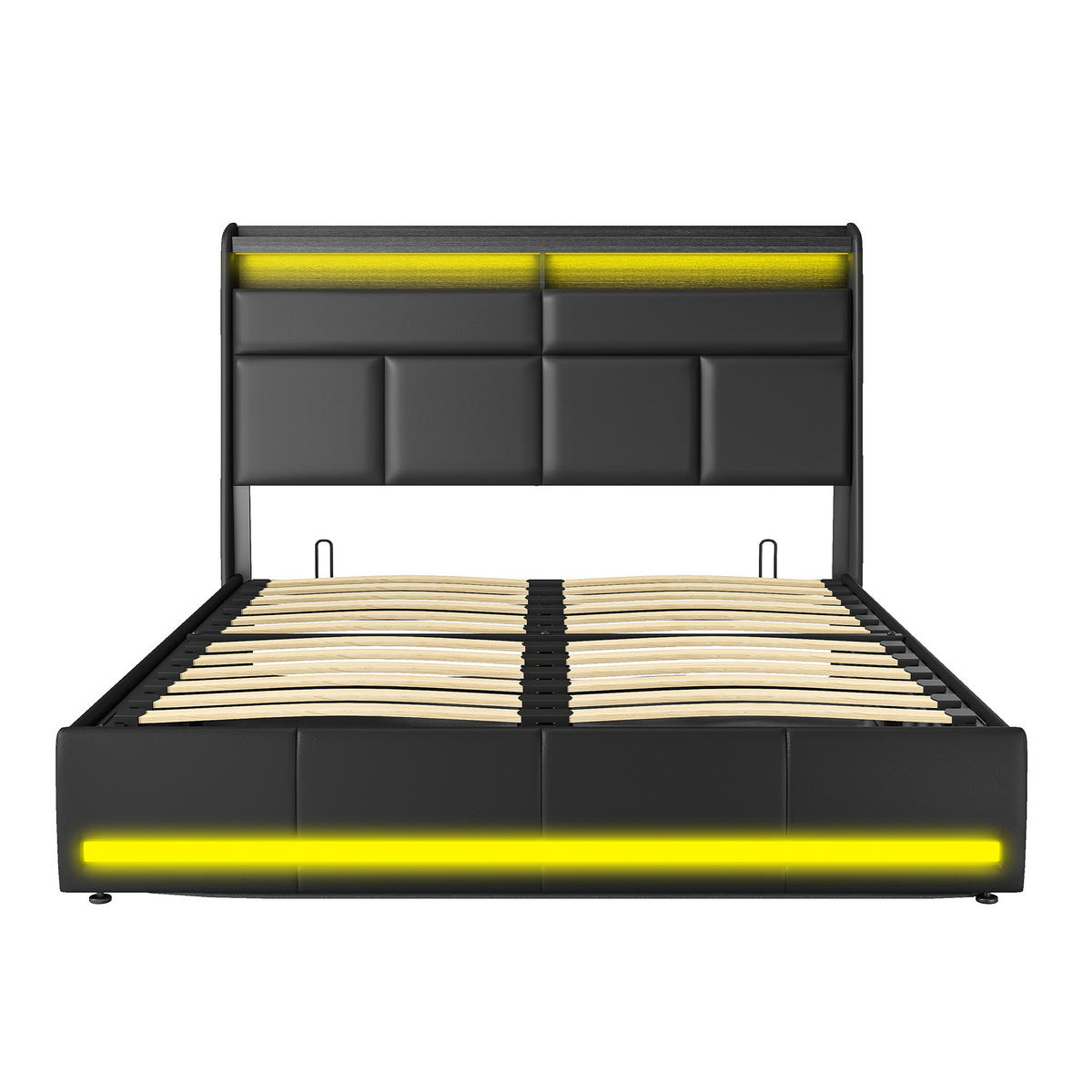 POLSTERBETT 140/200 cm mit Ablagekopfteil, RGB-LED-Beleuchtung am Kopfteil und am Fußende, Lederlook-Bezug - Schwarz, Holz/Metall (140/200cm) - Joyfair
