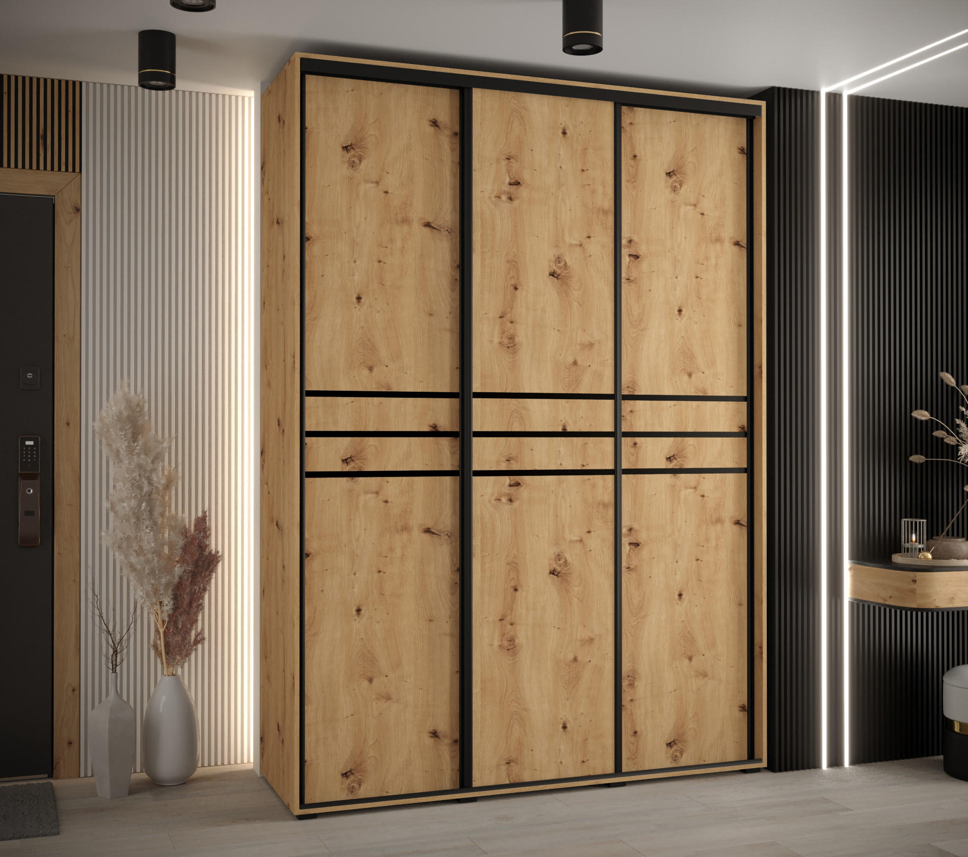 SCHWEBETÜRENSCHRANK 235,2/170/45 3-türig - Schwarz/Eiche Artisan, Holz/Metall (170/235/45cm) - Abiks Möbel