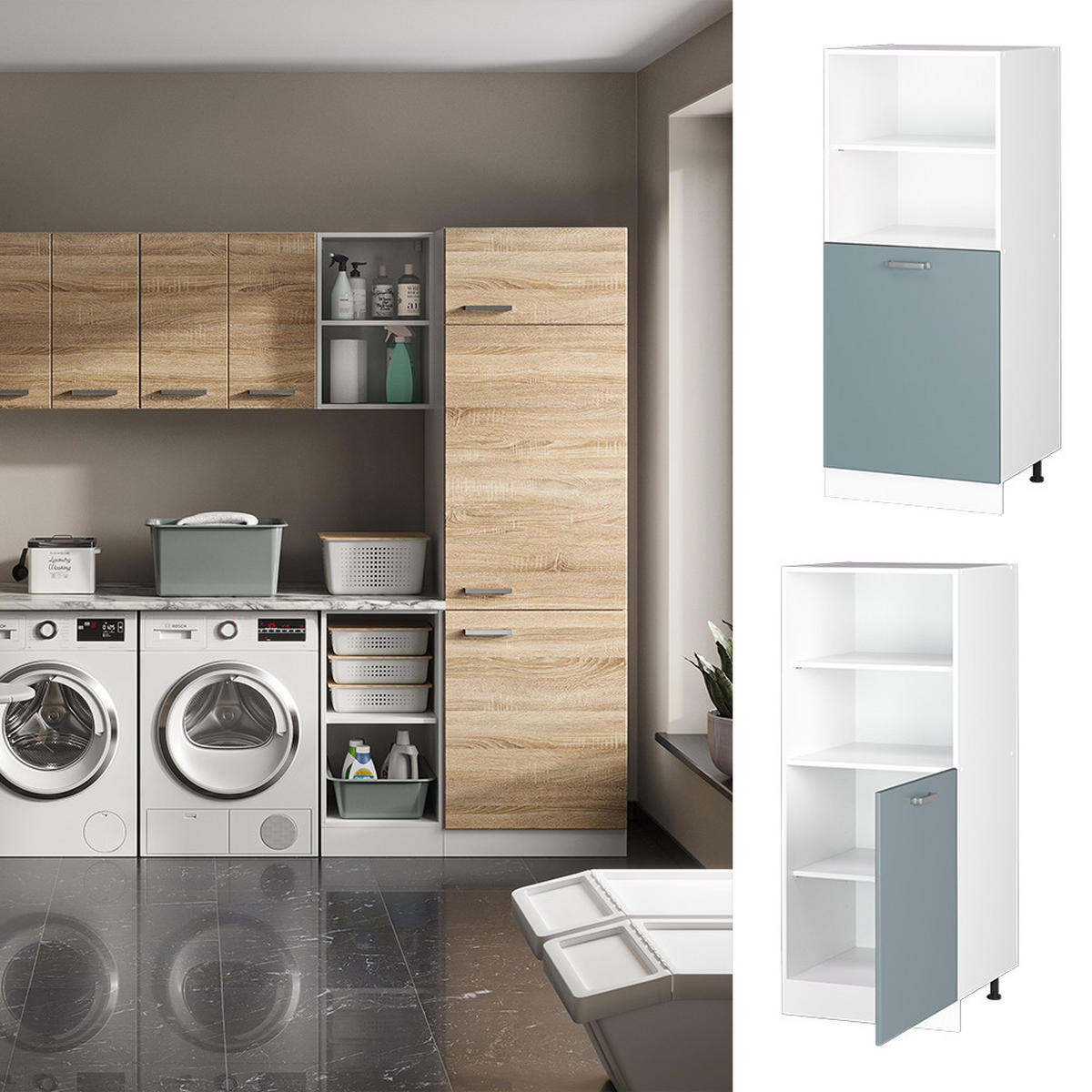 HOCHSCHRANK R-Line Blau-Grau 60 cm mit offenen Regalen, und Tür - Blaugrau/Weiß, Holzwerkstoff (60/143/57.2cm) - Vicco