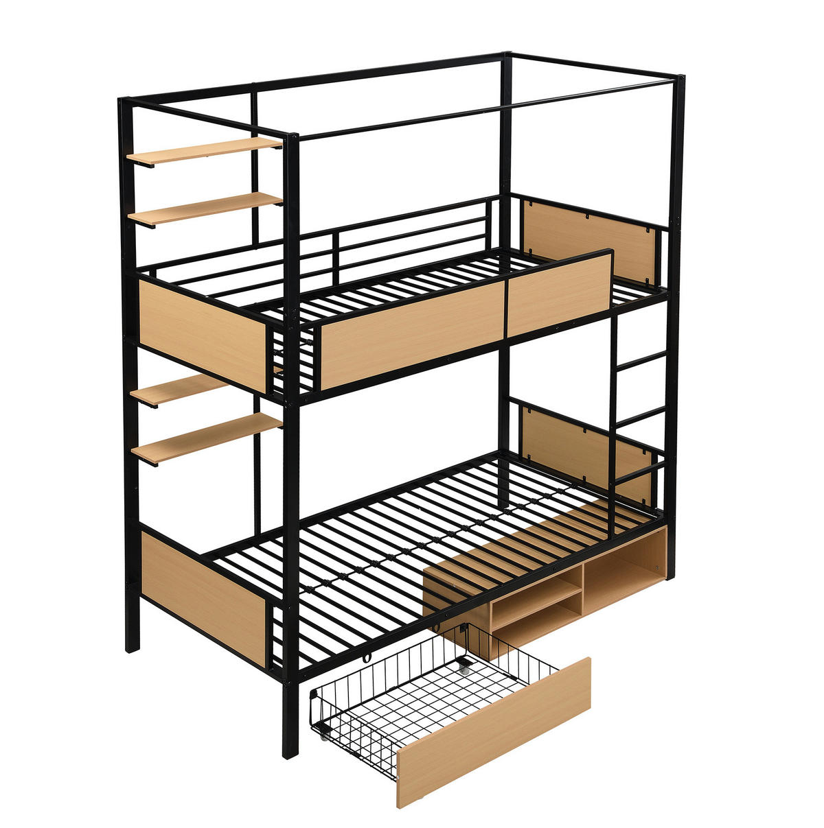 ETAGENBETT 90/200 cm aus Metall & MDF mit Stauraum und Ablagen - Schwarz, Holzwerkstoff (90/200cm) - BEAOK
