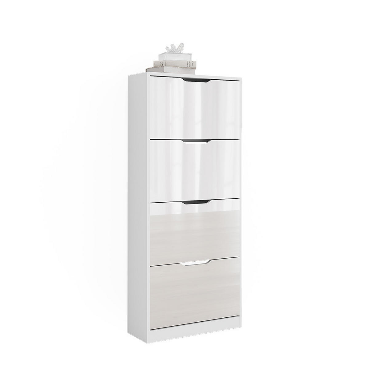 SCHUHKIPPER Luca Weiß/Weiß Hochglanz 59 x 137 cm mit 4 Klappschubladen - Weiß Hochglanz, Holzwerkstoff (59/137/22cm) - Vicco