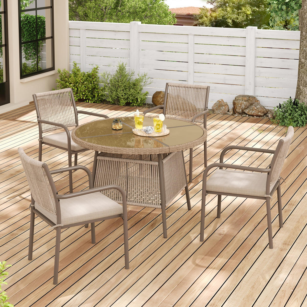 GARTENSET Rattan Tisch 4 Stühle rund Glas - Braun, Glas - LEBENLANG