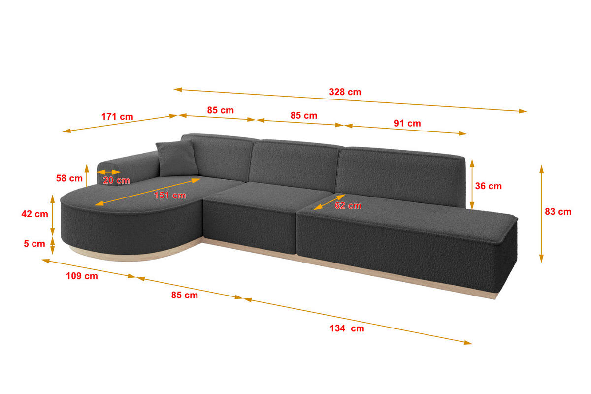 ECKSOFA Ottomane Links ARRIO-L2 - 328x171x83 cm Grau - Grau, Holzwerkstoff/Textil (328/171cm) - ALTDECOR