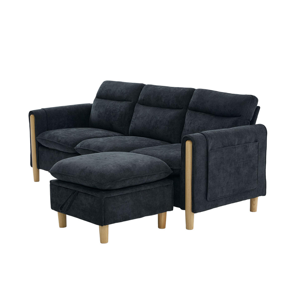 ECKSOFA 201/110/86 cm Schwarz mit Aufbewahrungshocker und Seitentaschen - Schwarz, Holz/Textil (201/110cm) - Oxeza