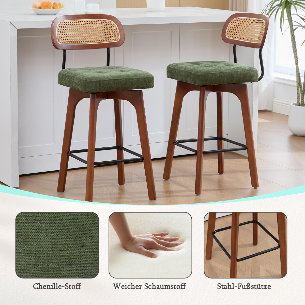 BARHOCKER 2er Set, 360° drehbar, Wiener Geflecht/Chenille, 67,5cm Sitzhöhe, Grün - Wildeiche/Grün, Holz/Textil (44/96/51cm) - LVHOM