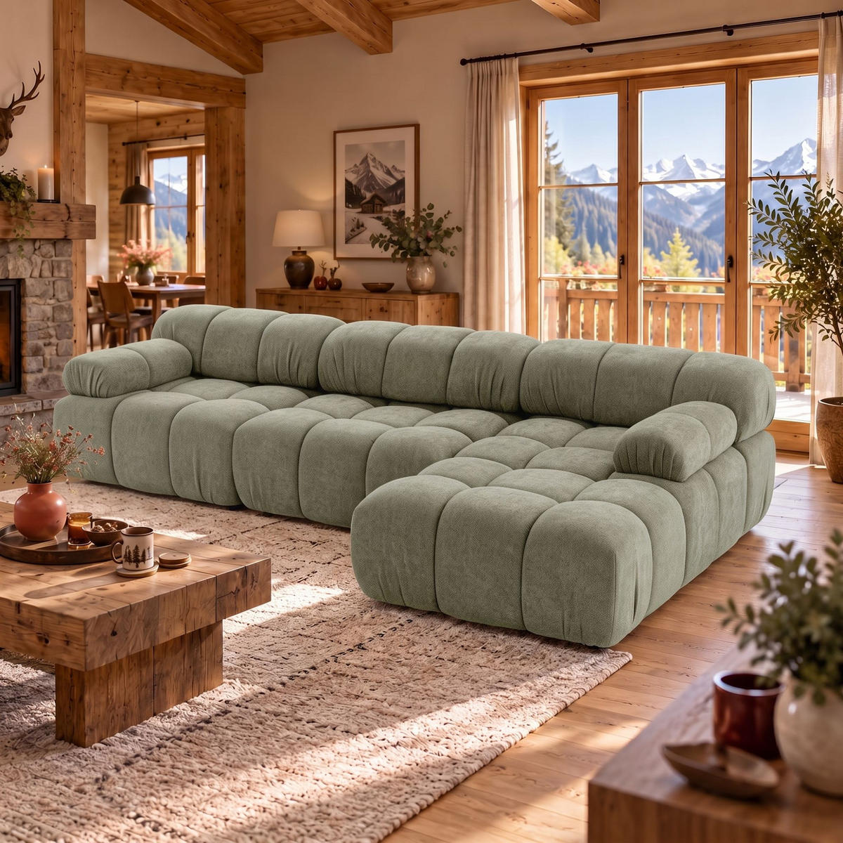 MODULARES Ecksofa MOMENTUM L, Rechts, Breite 282 cm, strukturierter Stoff, Grün - Chromfarben/Grün, Holz/Textil (155/282cm) - Muffo
