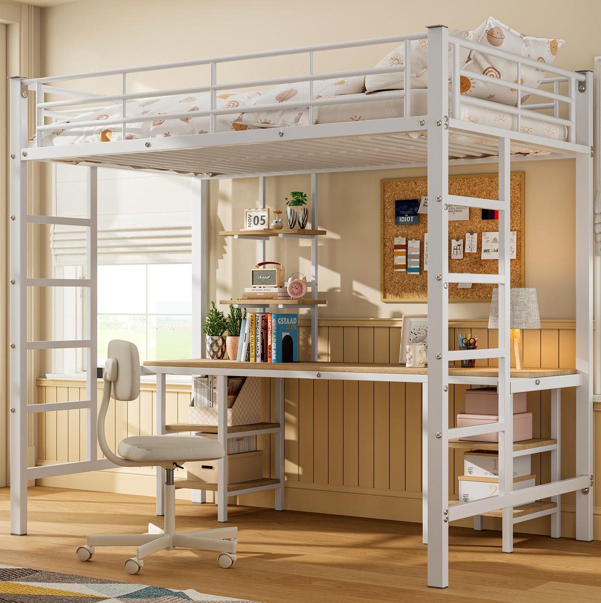ETAGENBETT aus Metall und MDF 90x200 cm Weiß mit Schreibtisch, Regalen und Fallschutz - Weiß, Holzwerkstoff (90/200cm) - Modfu