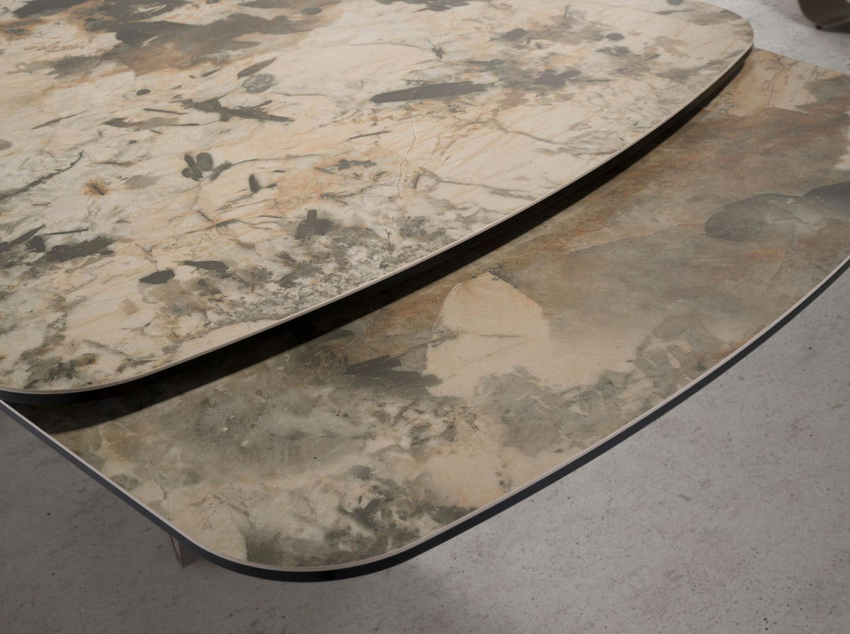 ESSTISCH Ovaler ausziehbarer Esstisch Oval Barrel Porzellan Marmor und Taupe metallischen Stahl 200/100/76 cm - Beige, Stein (100/200/76cm) - ANGEL CERDA