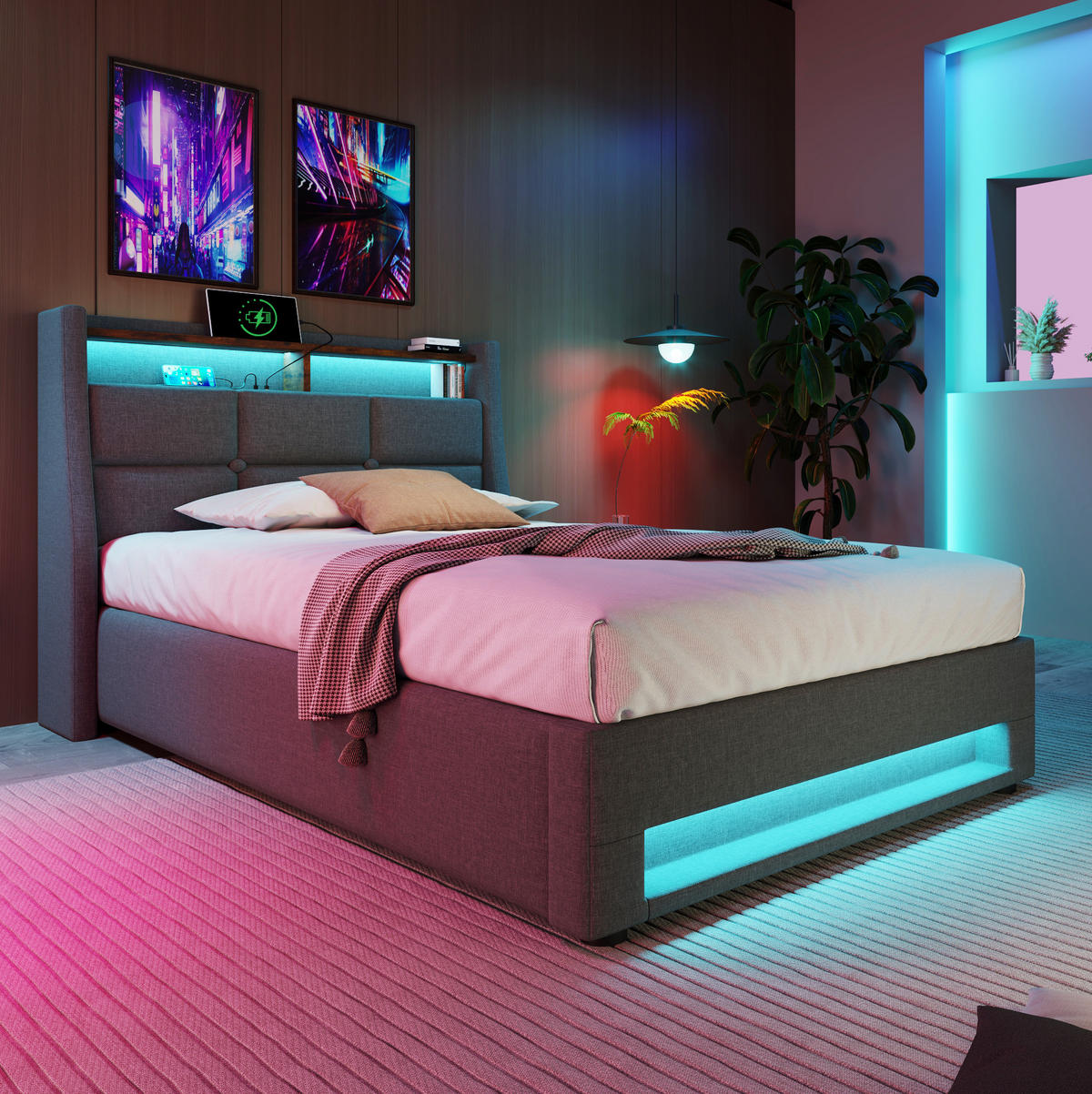POLSTERBETT 90/200 cm mit LED-Beleuchtung, 2 USB-Anschlüssen und Bettkasten, Leinenstoff Grau - Grau, Textil (90/200cm) - Redom
