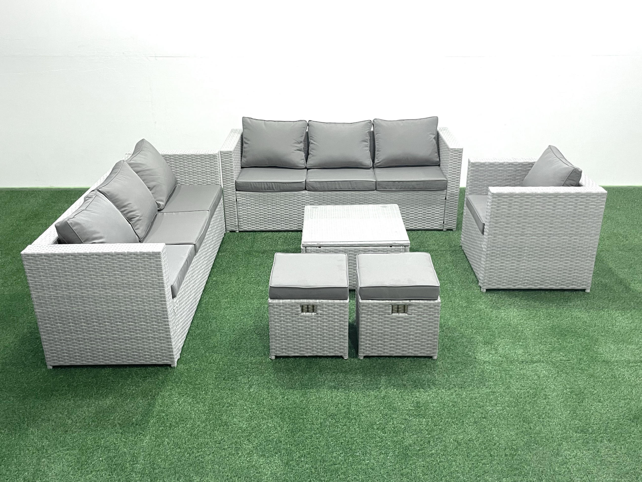 GARTENMÖBEL-SET mit Kissen Polyrattan Hellgrau-Mix 9-Sitzer - Hellgrau/Grau, Glas/Kunststoff - Fimous