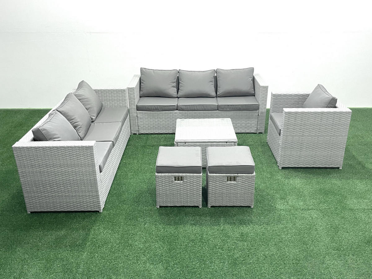 GARTENMÖBEL-SET mit Kissen Polyrattan Hellgrau-Mix 9-Sitzer - Hellgrau/Grau, Glas/Kunststoff - Fimous