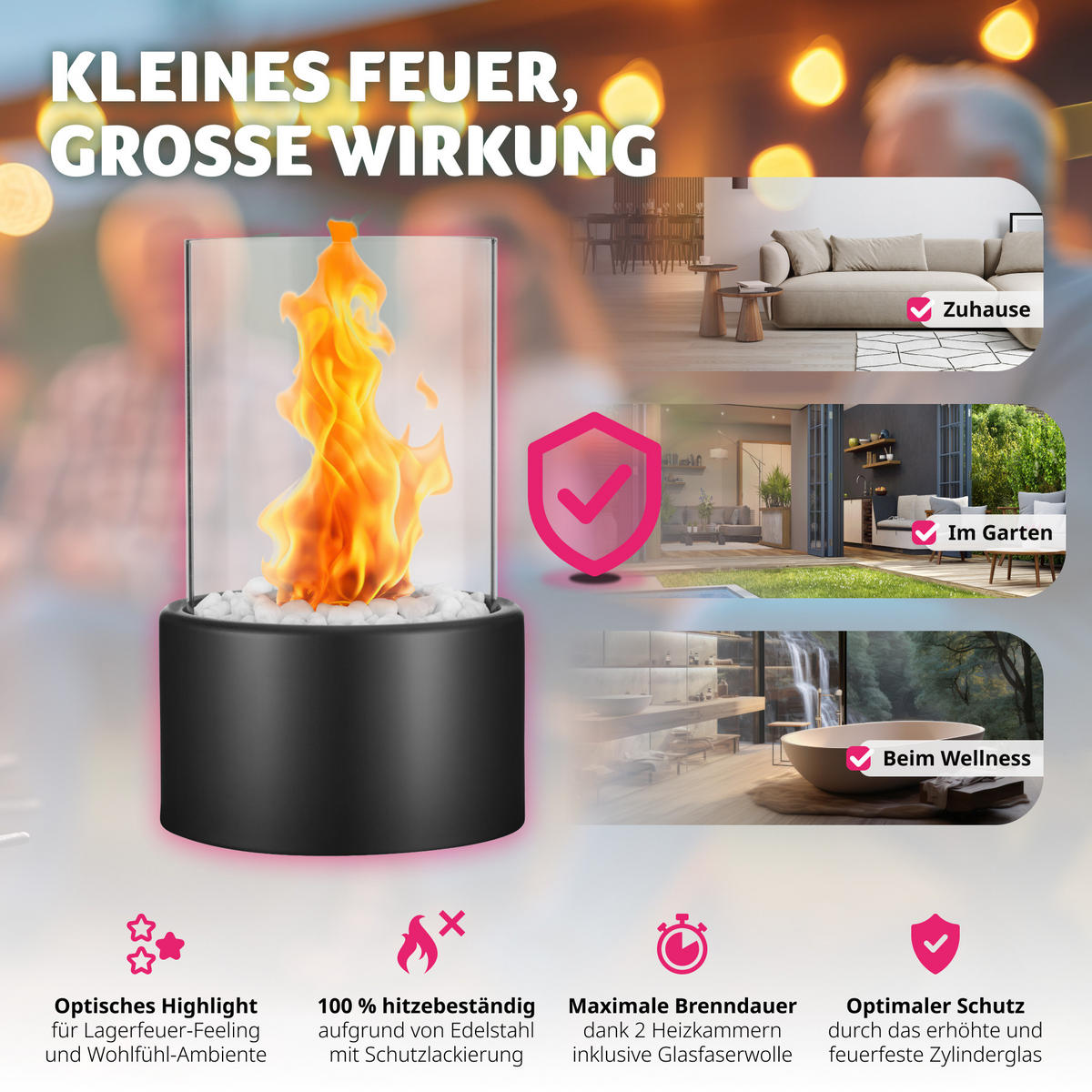 TISCHKAMIN Bioethanol Damine,16,5 x 26 cm, schwarz - Schwarz, Glas (16.5/26/16.5cm) - tectake