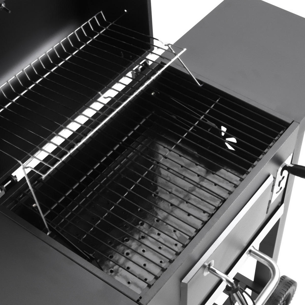HOLZKOHLEGRILL aus Karbonstahl in Schwarz für das Outdoor-Kochen Belüftung Mobilität 109 cm B × 46 cm T × 106,5 cm H - Schwarz, Metall (109/106.5/46cm) - Livingandhome