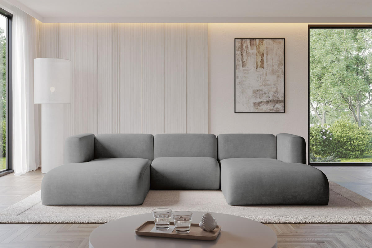 WOHNLANDSCHAFT MIRA-U1 317x179x70 Grau Velours - Schieferfarben/Schwarz, Holzwerkstoff/Kunststoff (317/70/179cm) - ALTDECOR