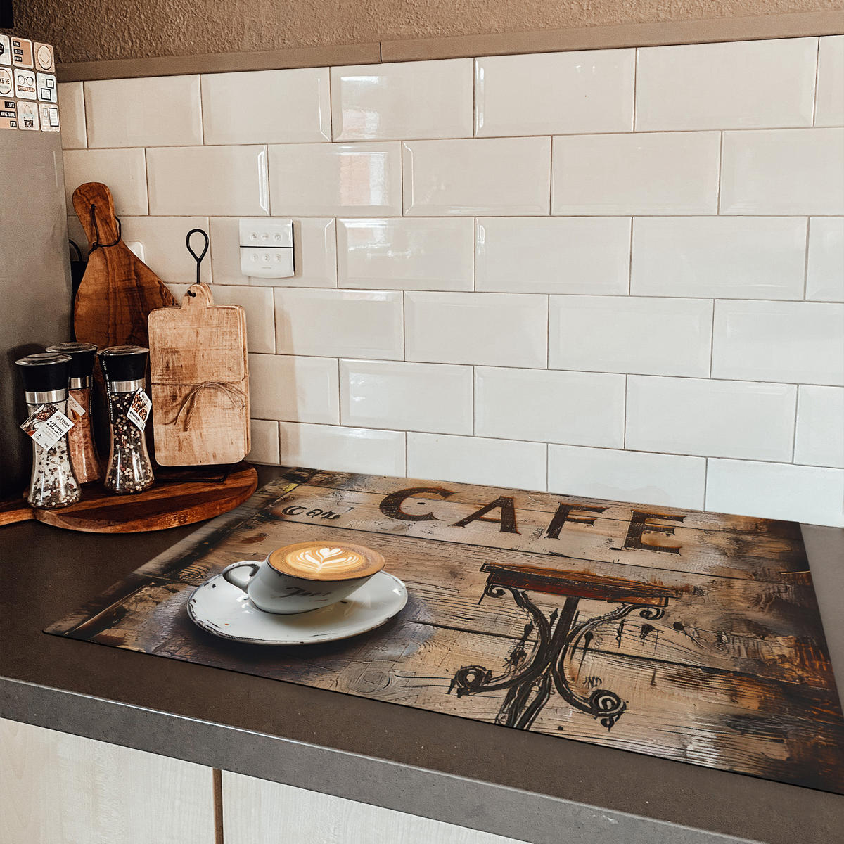 HERDABDECKPLATTE Cafe - Holz - Kaffee - Regale Ceranfeldabdeckung 76x51.5 cm - Schwarz, Kunststoff (76/51.5/0.2cm) - MuchoWow