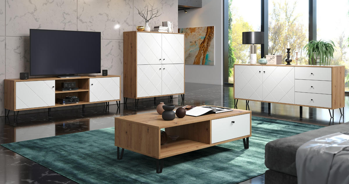 COUCHTISCH weiß matt, Eiche Artisan 110 cm, Beistelltisch mit 2 x Schubkasten - Eichefarben/Schwarz, Holzwerkstoff/Kunststoff (60/110/37cm) - Top.Furn