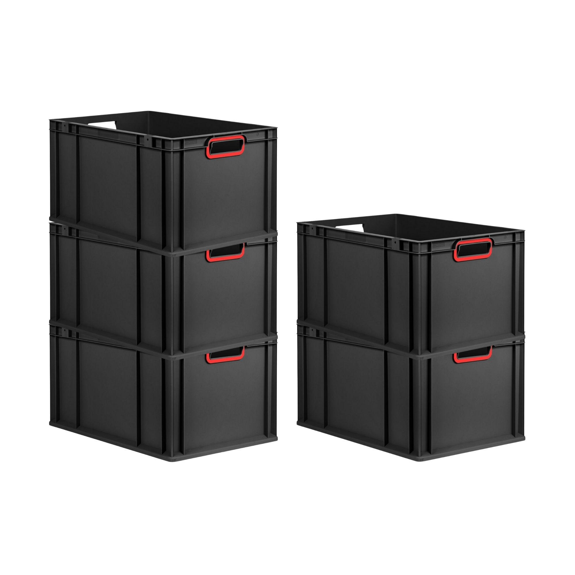 EUROBOX 5x NextGen Color 32x40x60 cm 65 Liter Griffe rot offen, Schwarz - Rot/Schwarz, Kunststoff (40/32/60cm) - PROREGAL
