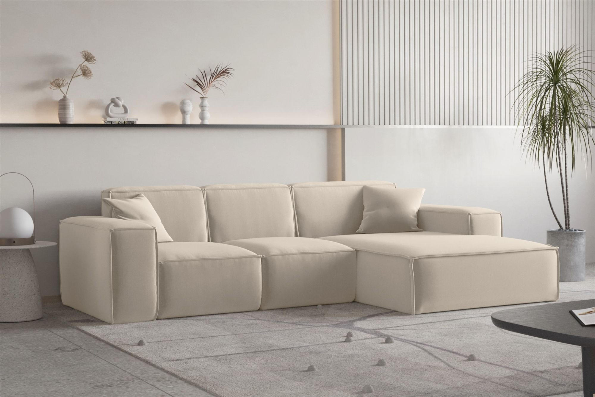 ECKSOFA Ottom Celes Premium Opera Velvet - Beige, Holzwerkstoff/Textil (266/165cm) - Fun Möbel
