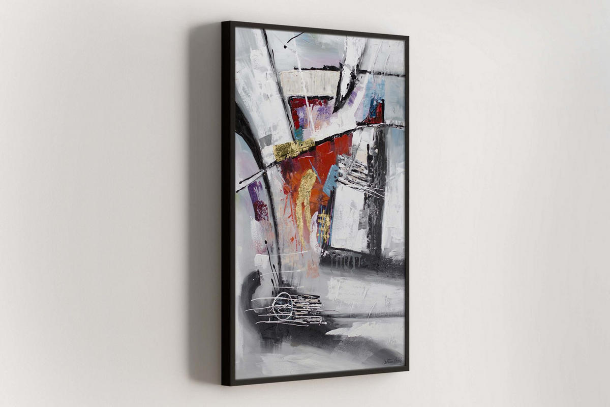 RUČNE MAĽOVANÝ AKRYLOVÝ OBRAZ 80/120 cm, sivý, abstraktný geometrický motív - sivá, drevo/textil (80/120cm) - KUNSTLOFT