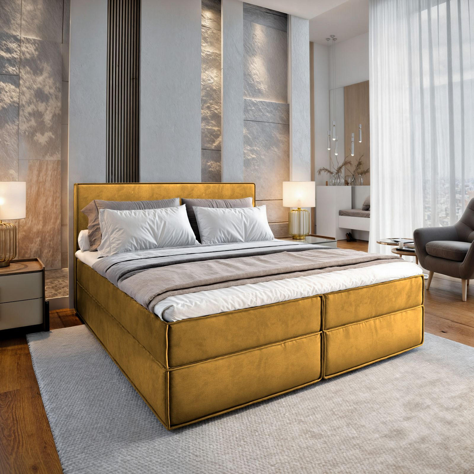 BOXBETT PELLIO 140x200 cm mit Matratze und Topper - Gelb - Gelb, Holz (140/200cm) - MASSENO