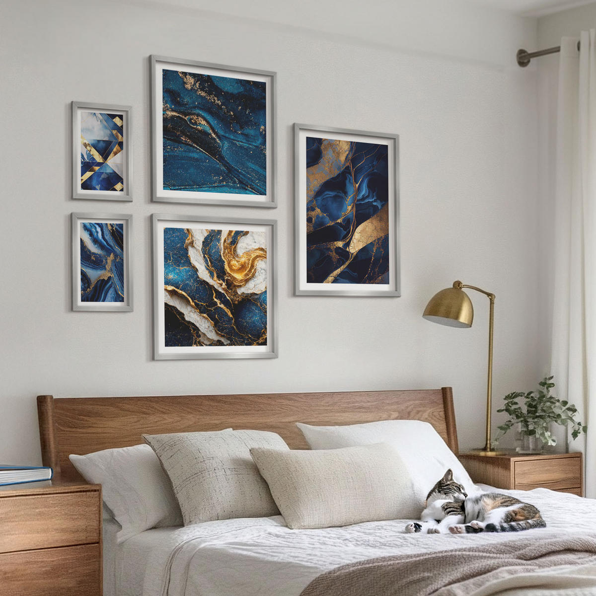 WANDBILDER 5er Set - 50x50 cm & 20x30 cm & 40x60 cm Silberner Rahmen - Abstrakte, elegante Muster - Silberfarben, Kunststoff (40/60cm) - ArtPrintCave