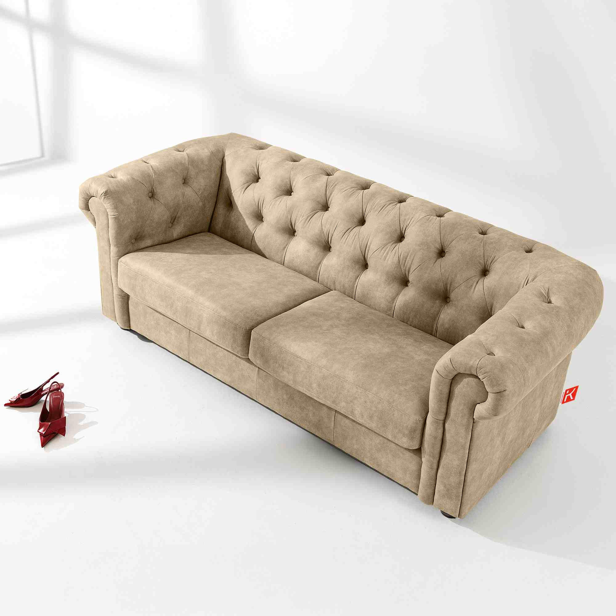 3-SITZER-SOFA GRAVO Chesterfield, Kunstleder - Wengefarben/Creme, Leder/Holz (202/72/95cm) - KONSIMO®