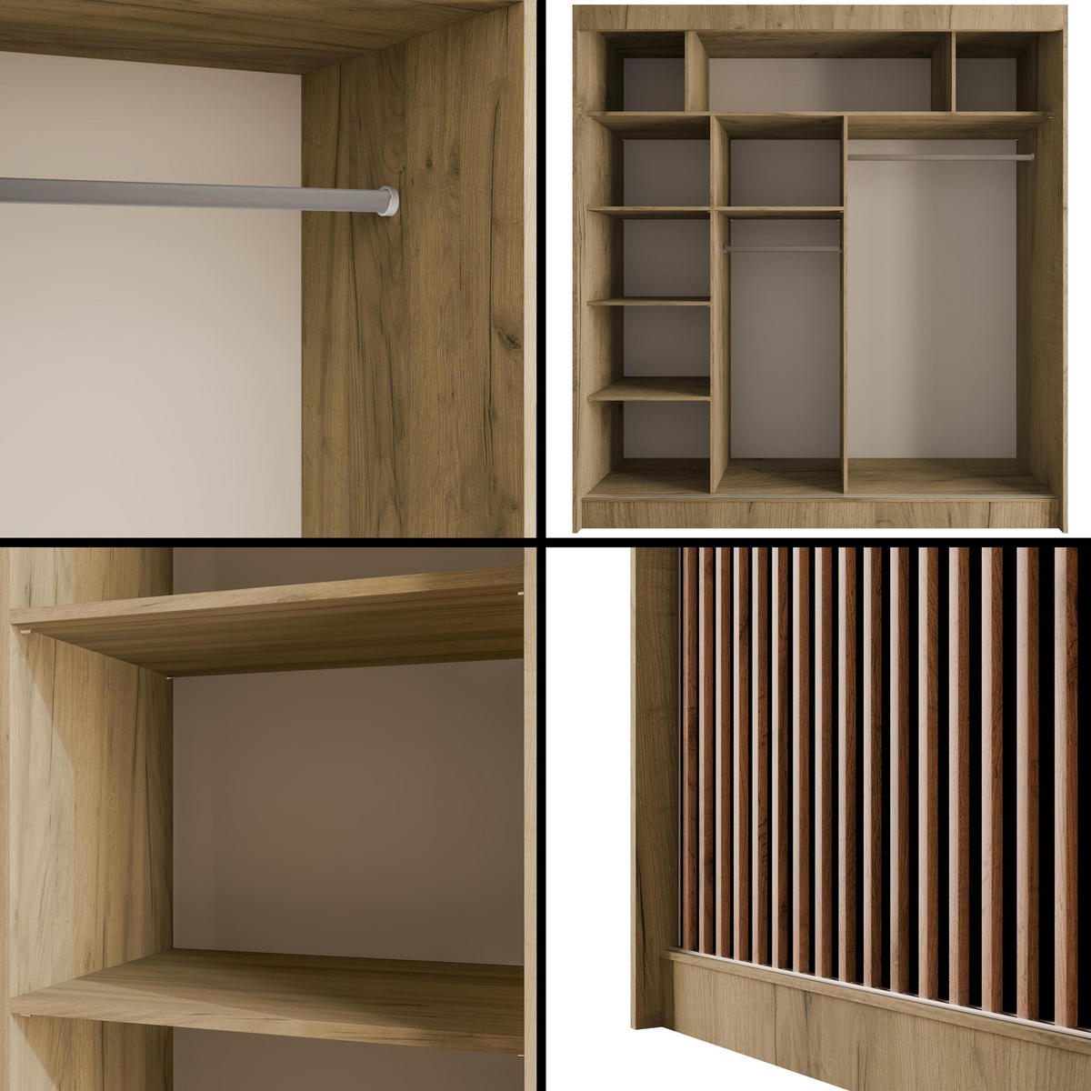 KLEIDERSCHRANK mit Lamel-Schiebetüren VILANv2 - 200 cm Eiche Kraft + Lamelle Eiche Wotan - Hellbraun/Eiche Wotan, Holzwerkstoff (200/215/61cm) - ALTDECOR