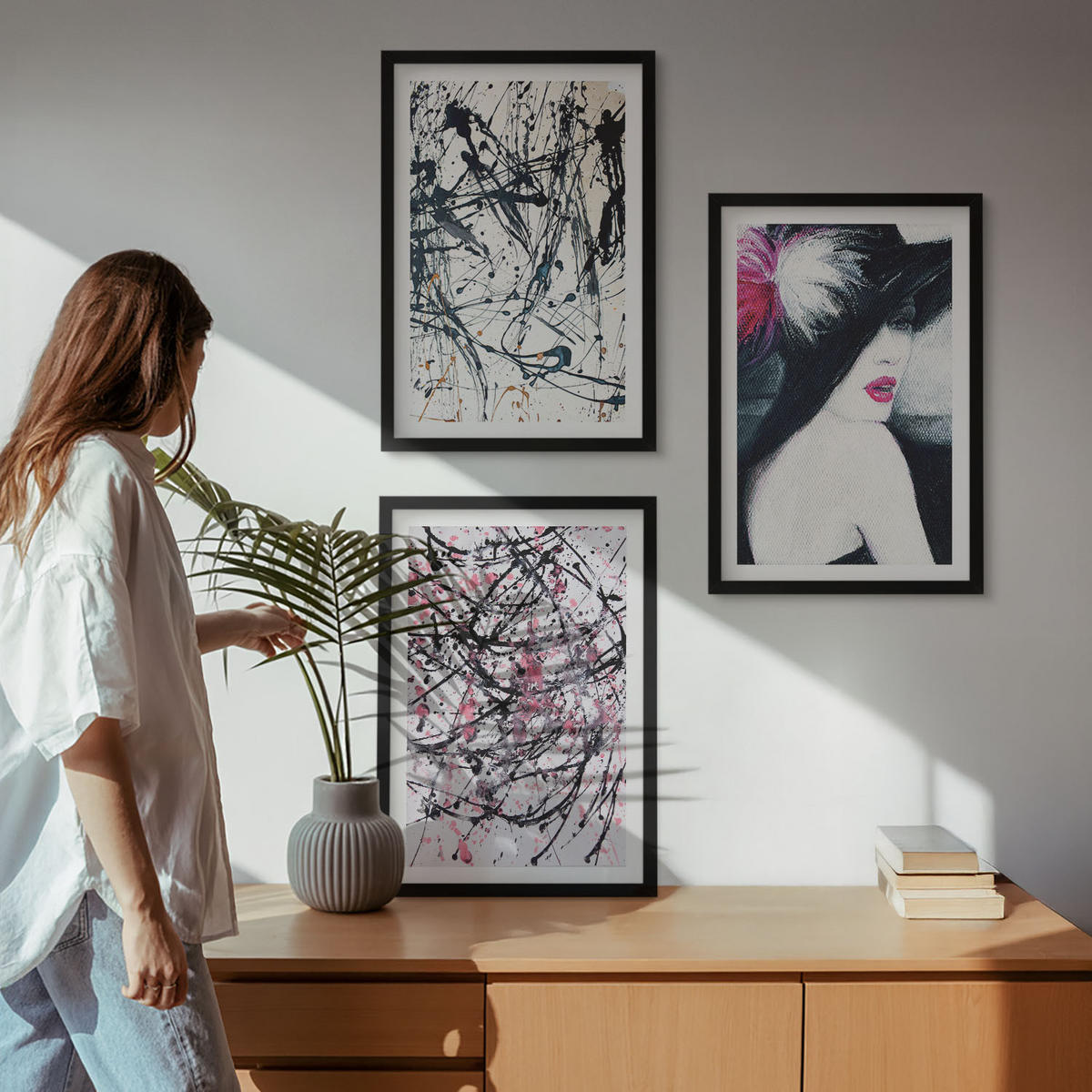 WANDBILDER 3er-Set - 40x60 cm Schwarzer Rahmen - Abstrakte Farbmuster Hut - Schwarz, Kunststoff (40/60cm) - ArtPrintCave