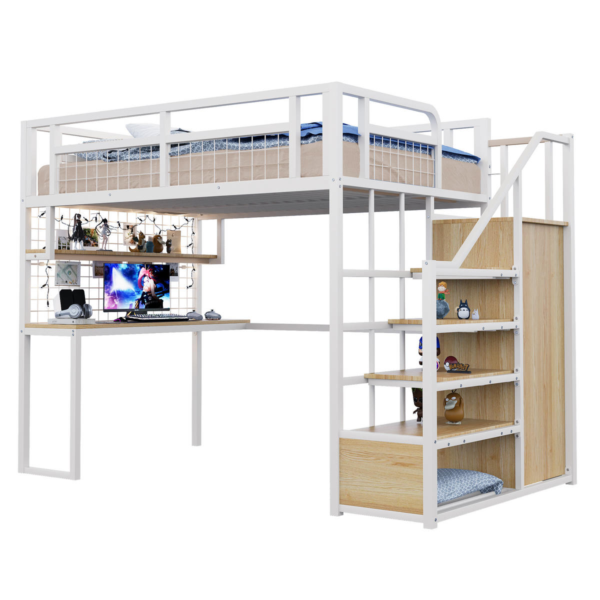 HOCHBETT 140/200 cm in Weiß mit Stauraumtreppe, Kleiderschrank, Tisch und LED - Weiß, Holz/Metall (140/200cm) - STILVORA