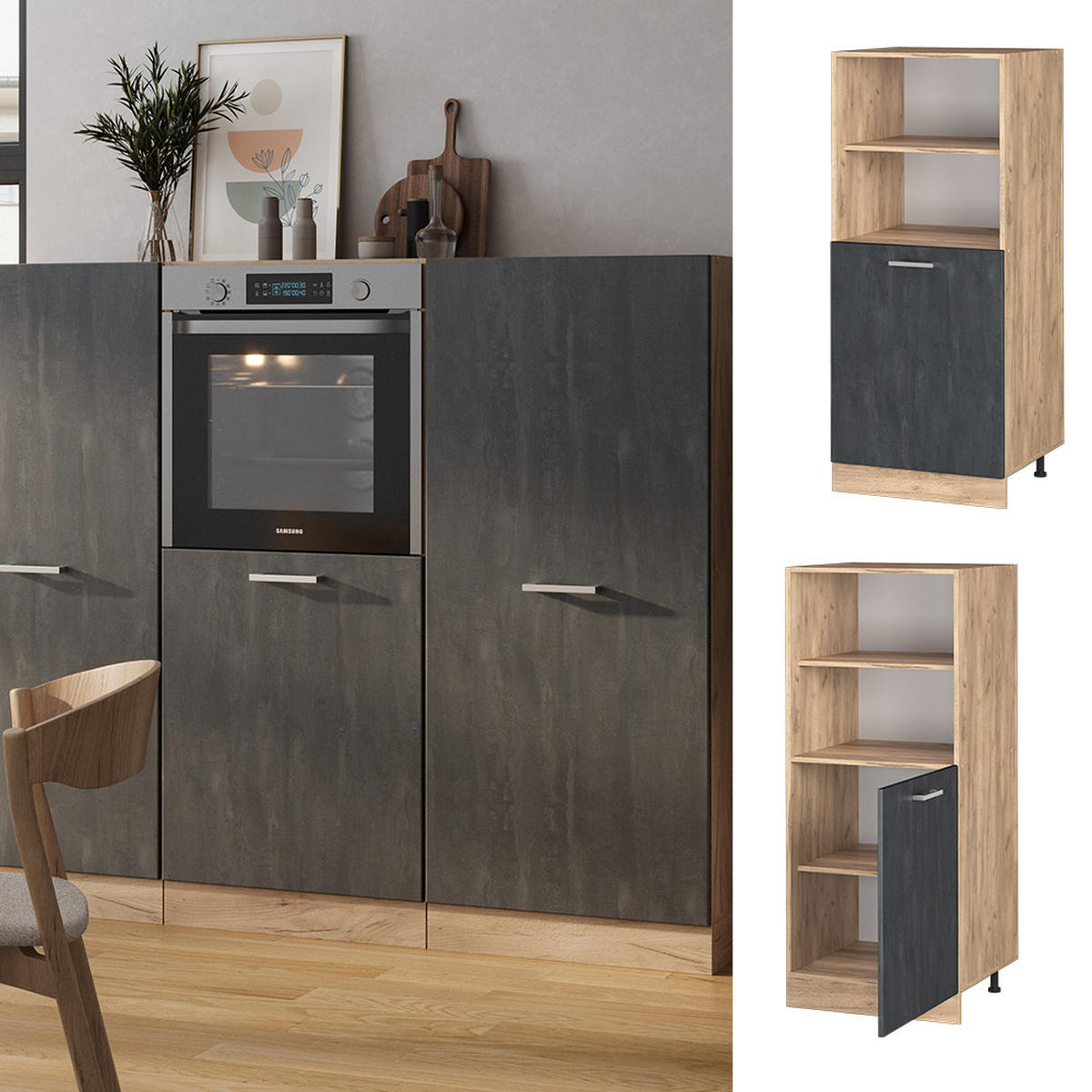 HERDUMBAUSCHRANK R-Line Schwarz Beton 60 cm - Honigeiche/Eiche Wotan, Holzwerkstoff (60/143/57cm) - Vicco