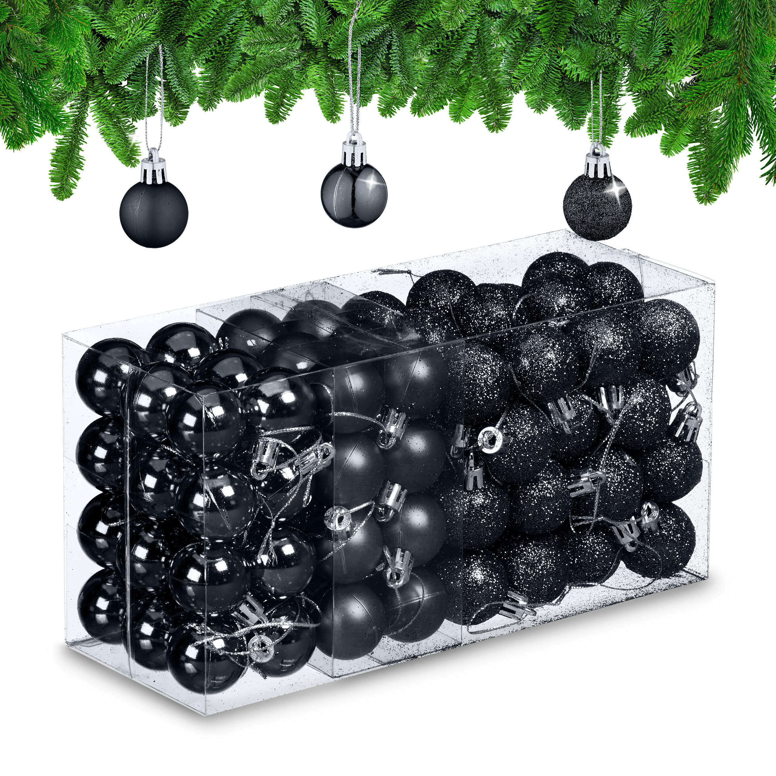 96-TLG.WEIHNACHTSKUGELN-SET - Schwarz, Kunststoff (3/4/3cm) - Relaxdays