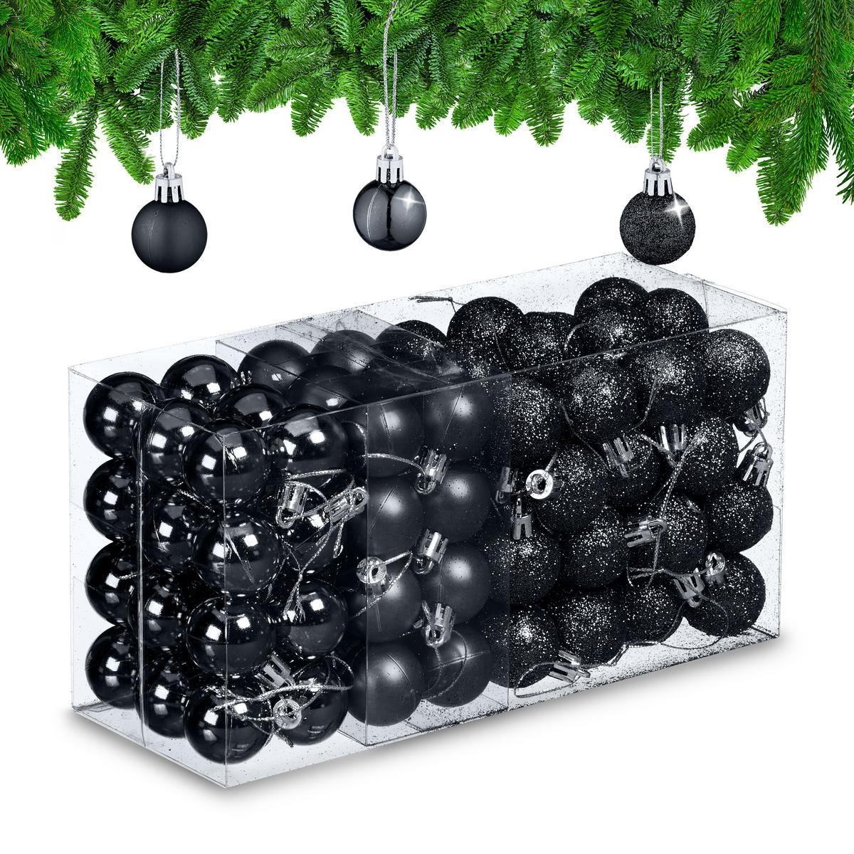 96-TLG.WEIHNACHTSKUGELN-SET - Schwarz, Kunststoff (3/4/3cm) - Relaxdays