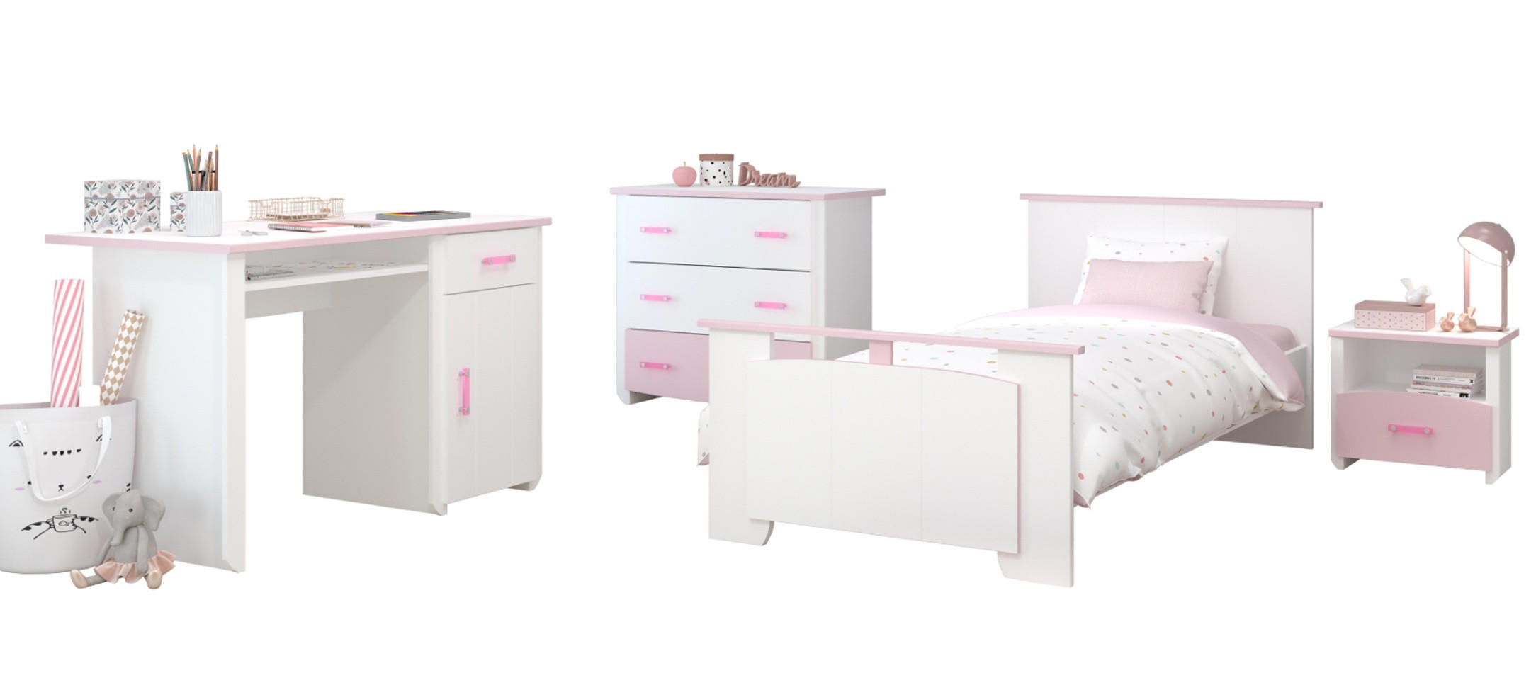 KINDERZIMMER Set 4-tlg Kommode Schreibtisch Bett 90 x 200 cm - Weiß/Rosa, Holz/Holzwerkstoff (90/79/200cm) - Parisot Meuble