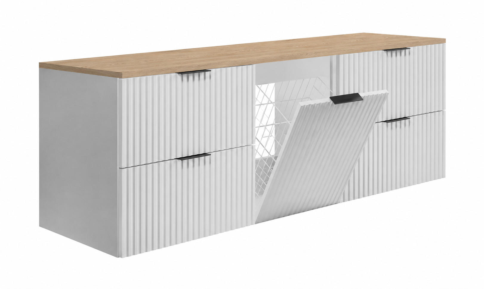 BADMÖBEL-SET MIT WÄSCHEKORB: Weiß / Platte Eiche Hell, Griffe Schwarz, 160 x 46 x 57 cm - Eichefarben/Weiß, Holzwerkstoff (160/57/46cm) - 3XE LIVING