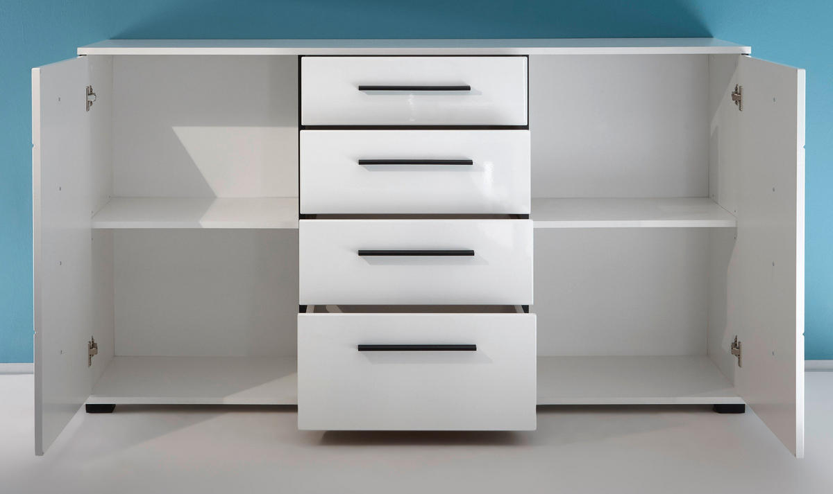 SIDEBOARD weiß Hochglanz 150 cm, Kommode mit Soft-Close - Weiß Hochglanz/Schwarz, Holzwerkstoff/Kunststoff (150/86/42cm) - Furn.Design
