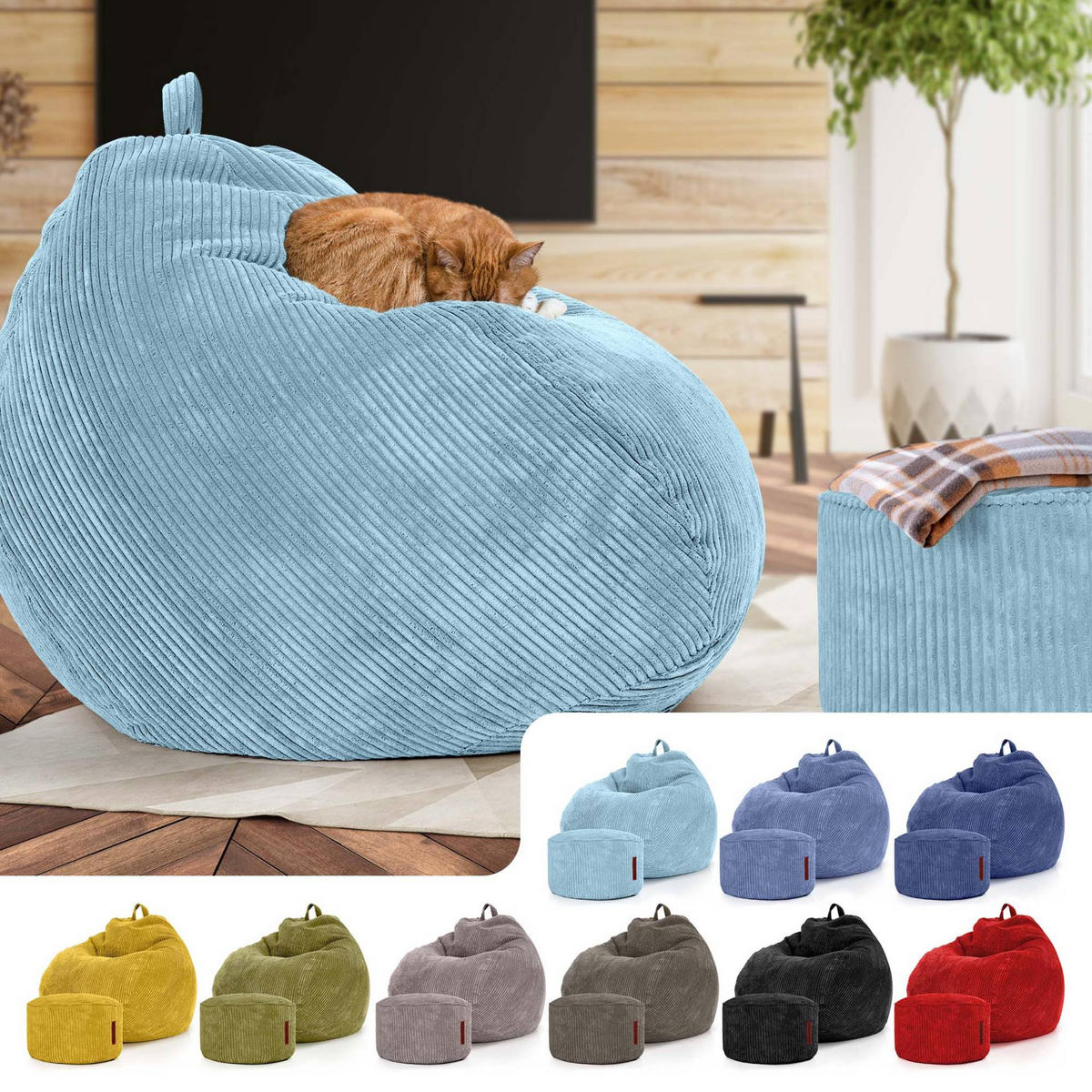 XXL-SITZSACK 2er Set + Pouf - Cordstoff - Hellblau, Textil (90/110/90cm) - Green Bean