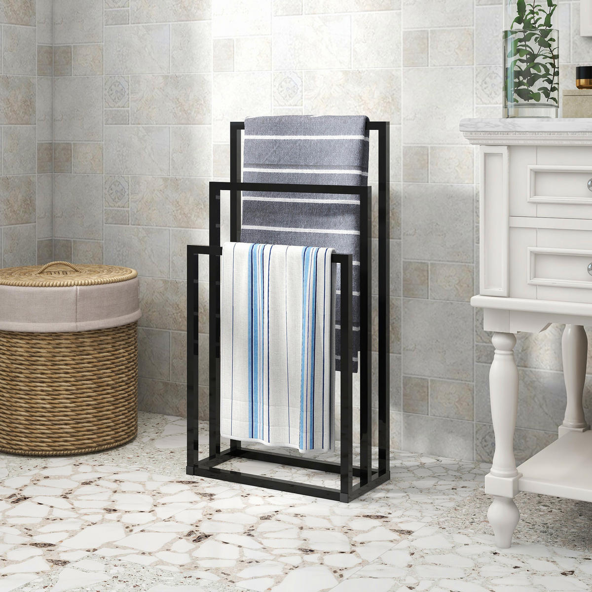 HANDTUCHSTÄNDER 45x22x86cm in Schwarz, 3-stufig freistehend - Schwarz, Metall (22/86/45cm) - Modfu