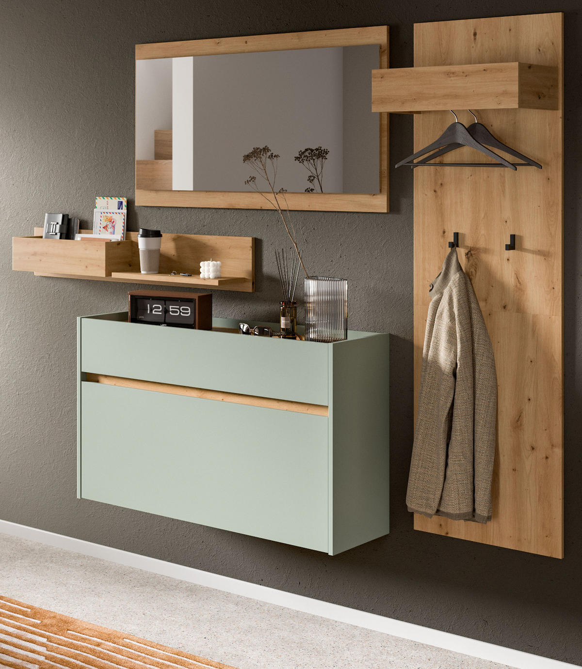 GARDEROBE-SET Salbei und Artisan Eiche, Garderobe 4-teilig, 205 x 192 cm, Borga - Salbeigrün/Eiche Artisan, Holzwerkstoff (205/192/32cm) - Inn.Furn