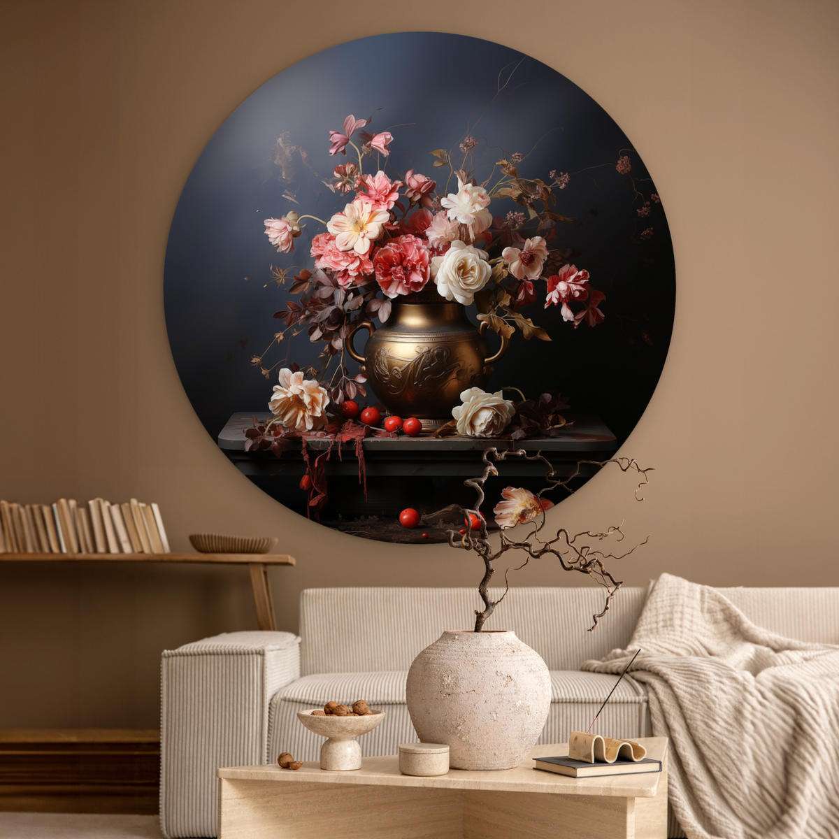 WANDBILD Stilleben - Blumen - Rosen - Blumenstrauß - Vase 140x140 cm - Dunkelbraun, Kunststoff (140/140cm) - MuchoWow