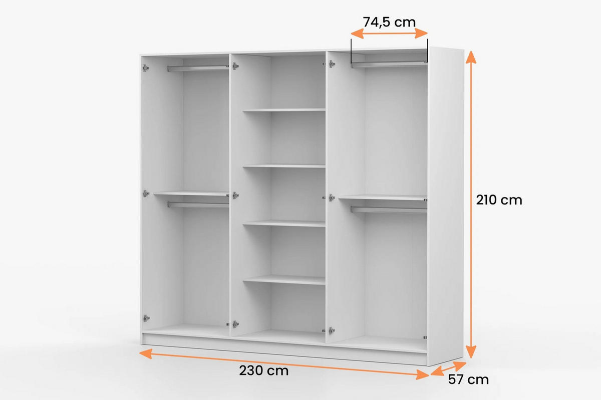KLEIDERSCHRANK SAVI 6D 230/210/57 cm in Weiß - Weiß, Holzwerkstoff (230/210/57cm) - Deine Möbel 24