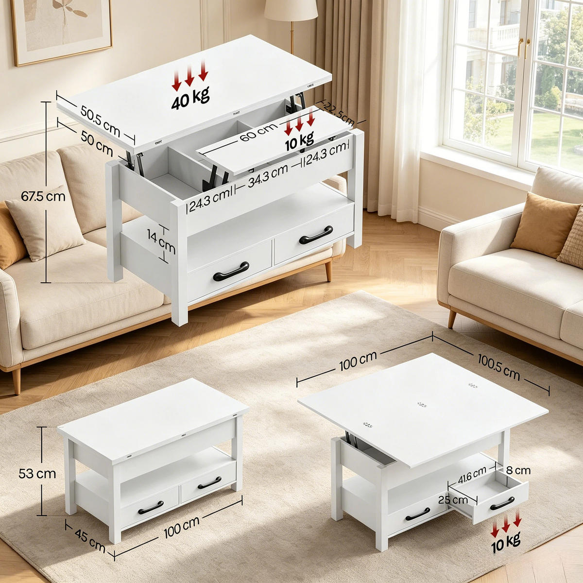 COUCHTISCH höhenverstellbar ausziehbar Weiß als Esstisch - Weiß, Holzwerkstoff/Metall (100/45/53cm)
