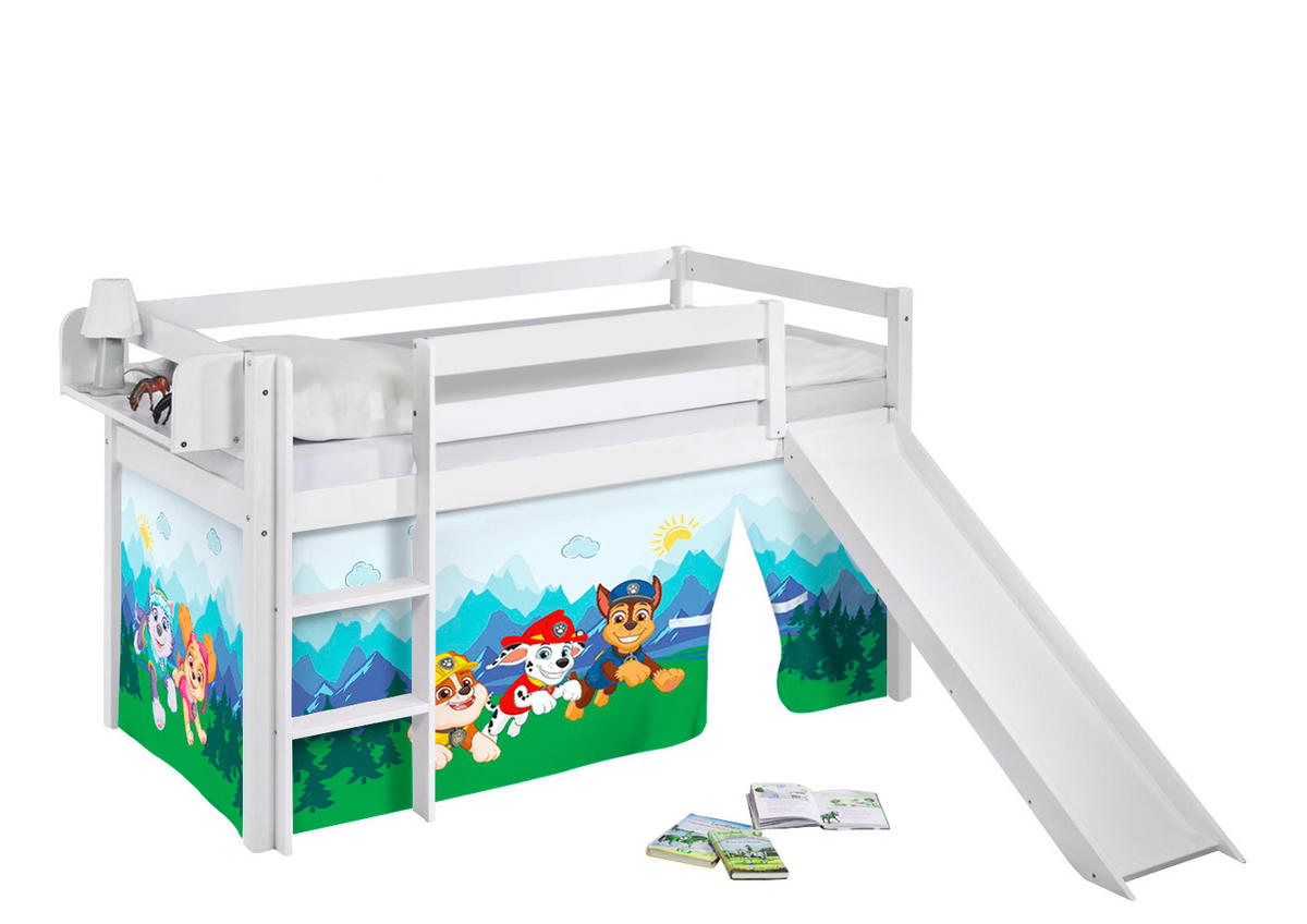 HOCHBETT JELLE Paw Patrol blau mit Rutsche und Vorhang - Weiß, Holz - Lilokids
