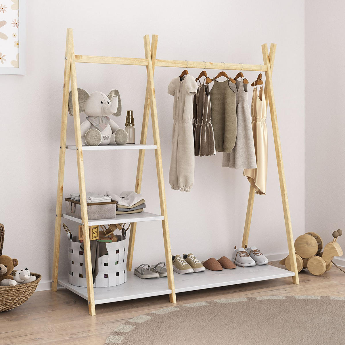 KINDERGARDEROBE LOTTE NATUR/WEISS - Naturfarben/Weiß, Holz (108/115/47cm) - IDIMEX