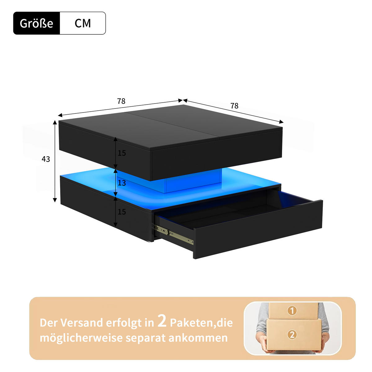 COUCHTISCH 78x78 cm mit RGB-LED & 2 Schubladen, Schwarz Hochglanz - Schwarz, Metall (78/78/43cm) - EuroLiving