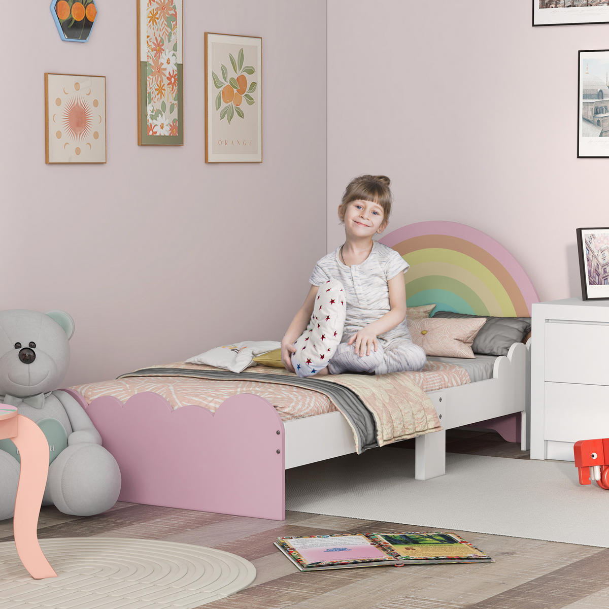 KINDERBETT 140x70 cm DE-14552 mit Regenbogen-Design, inkl. Lattenrost Rosa - Pink, Holzwerkstoff (70/140cm) - ComfortXL
