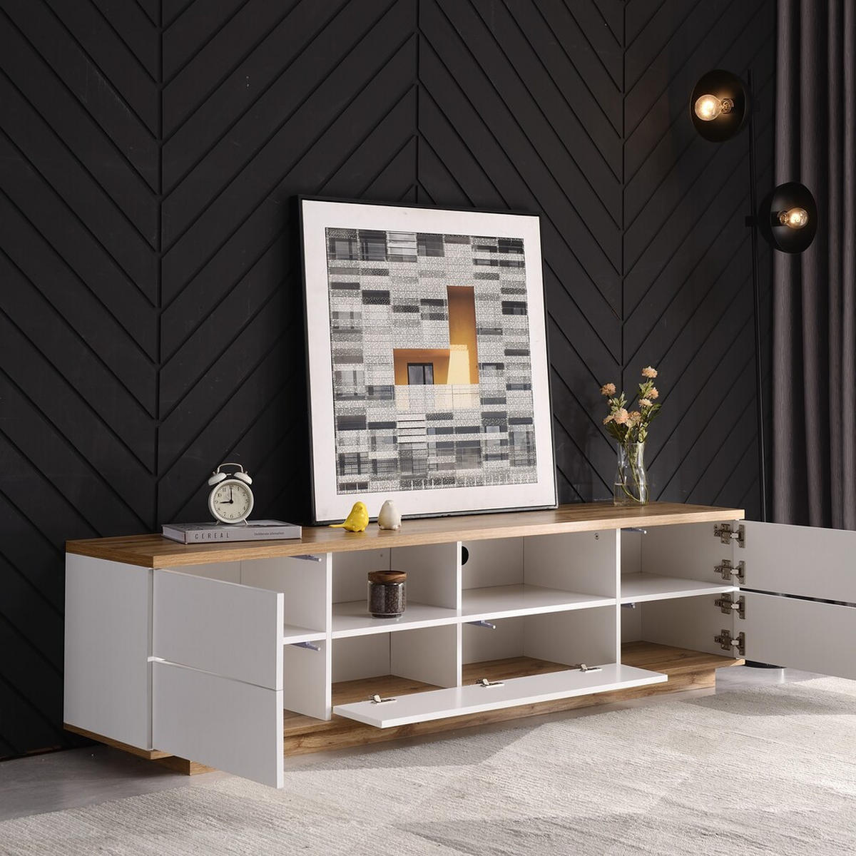 TV-SCHRANK 180cm Weiß Farbblock Holzmaserung Modern Wohnzimmer - Weiß, Holz (38/46/180cm) - FLIEKS