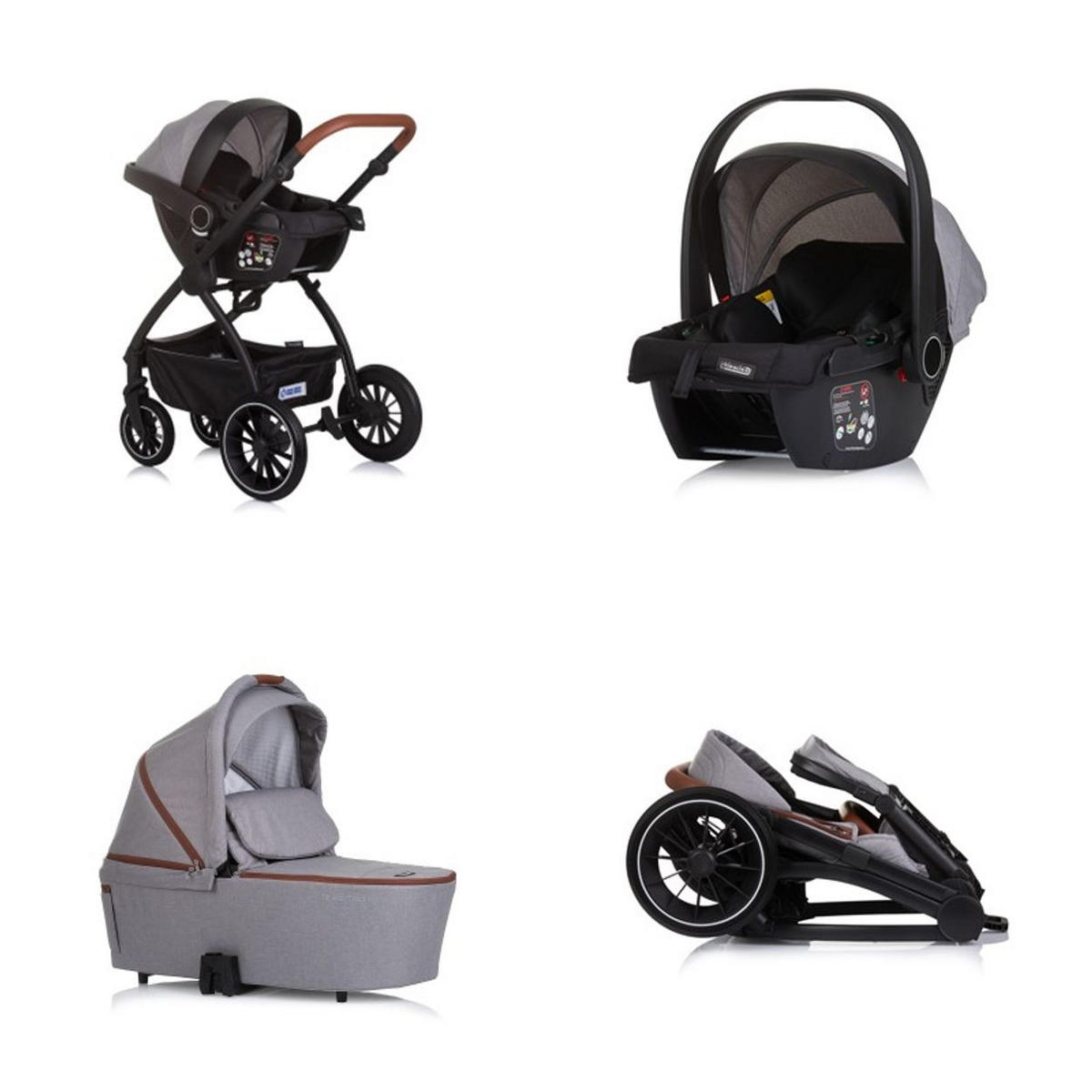 KOMBIKINDERWAGEN Prestige 3 in 1 grau Babywanne Rucksack i-Size Babyschale - Grau, Metall (85/59/123cm) - Chipolino