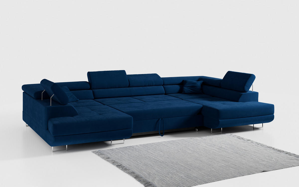 WOHNLANDSCHAFT GUSTAW U Dunkelblau Velvet - Silberfarben/Dunkelblau, Textil/Metall (340/55/205cm) - MKS