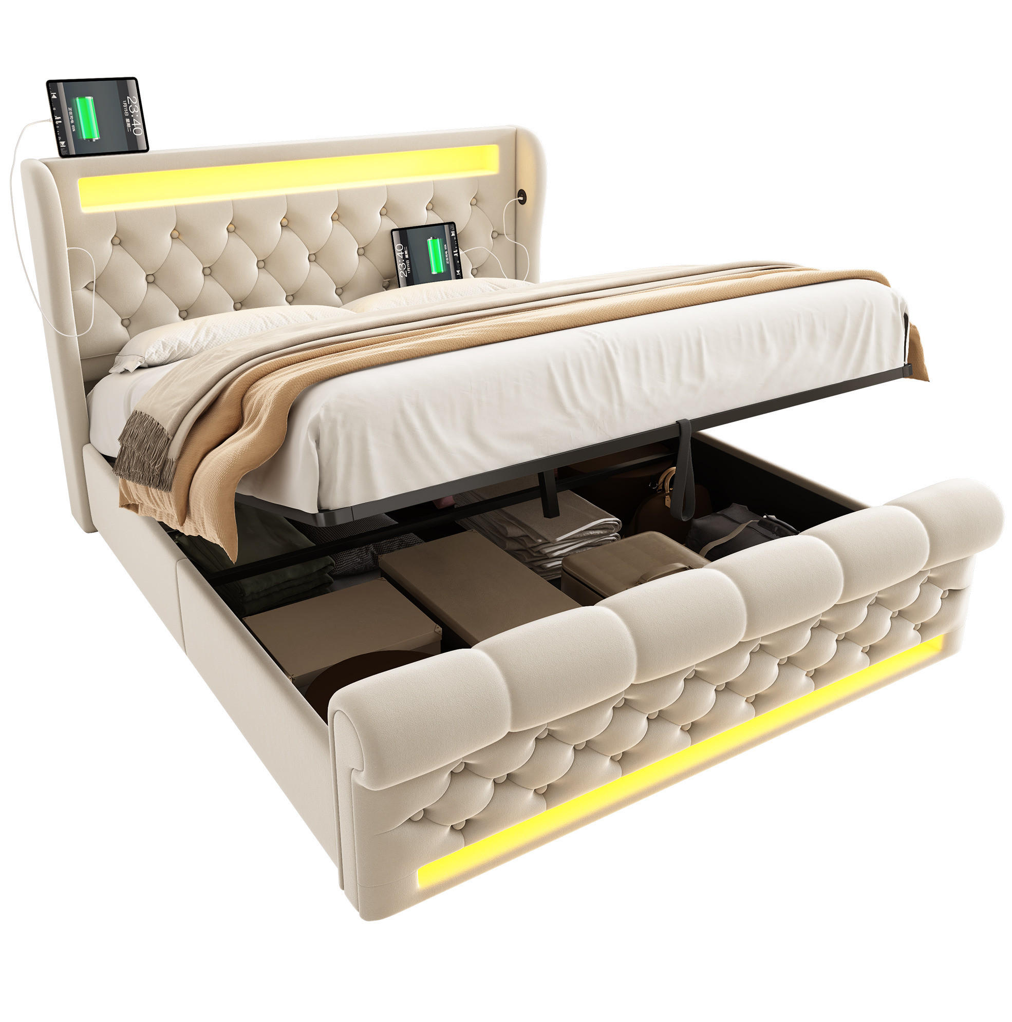 POLSTERBETT 140/200 cm Beige mit LED-Beleuchtung, Stauraum und USB- und Type-C-Anschlüssen - Beige, Textil (140/200cm) - Flora Grace