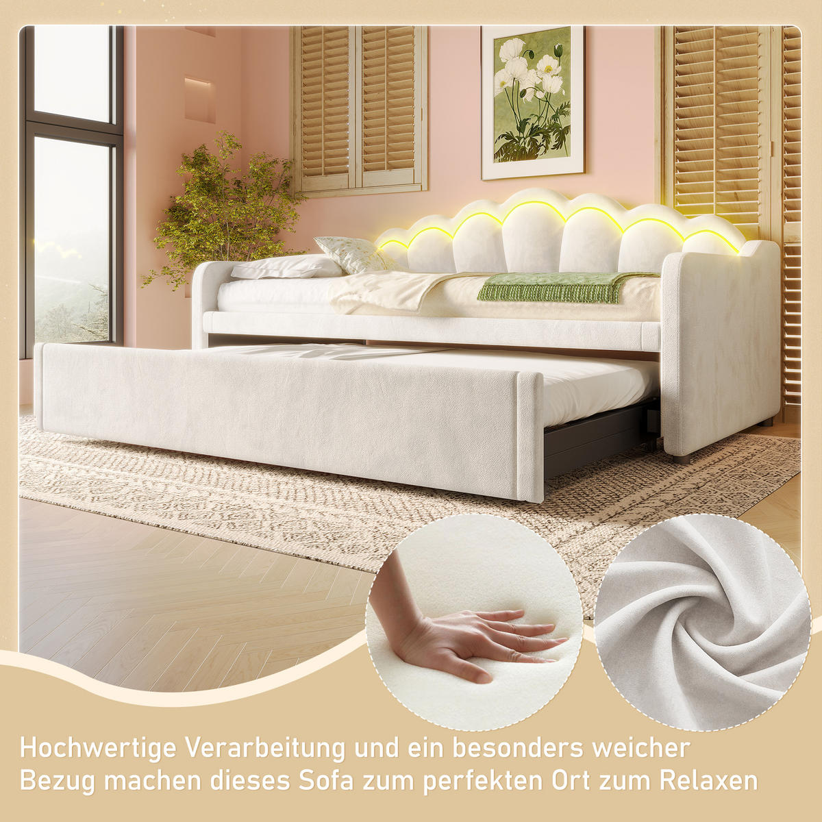 TAGEBETT 90x200cm + 180x200cm Beige Samt Ausziehbett LED-Streifen - Beige, Holz (180/200cm) - FLIEKS